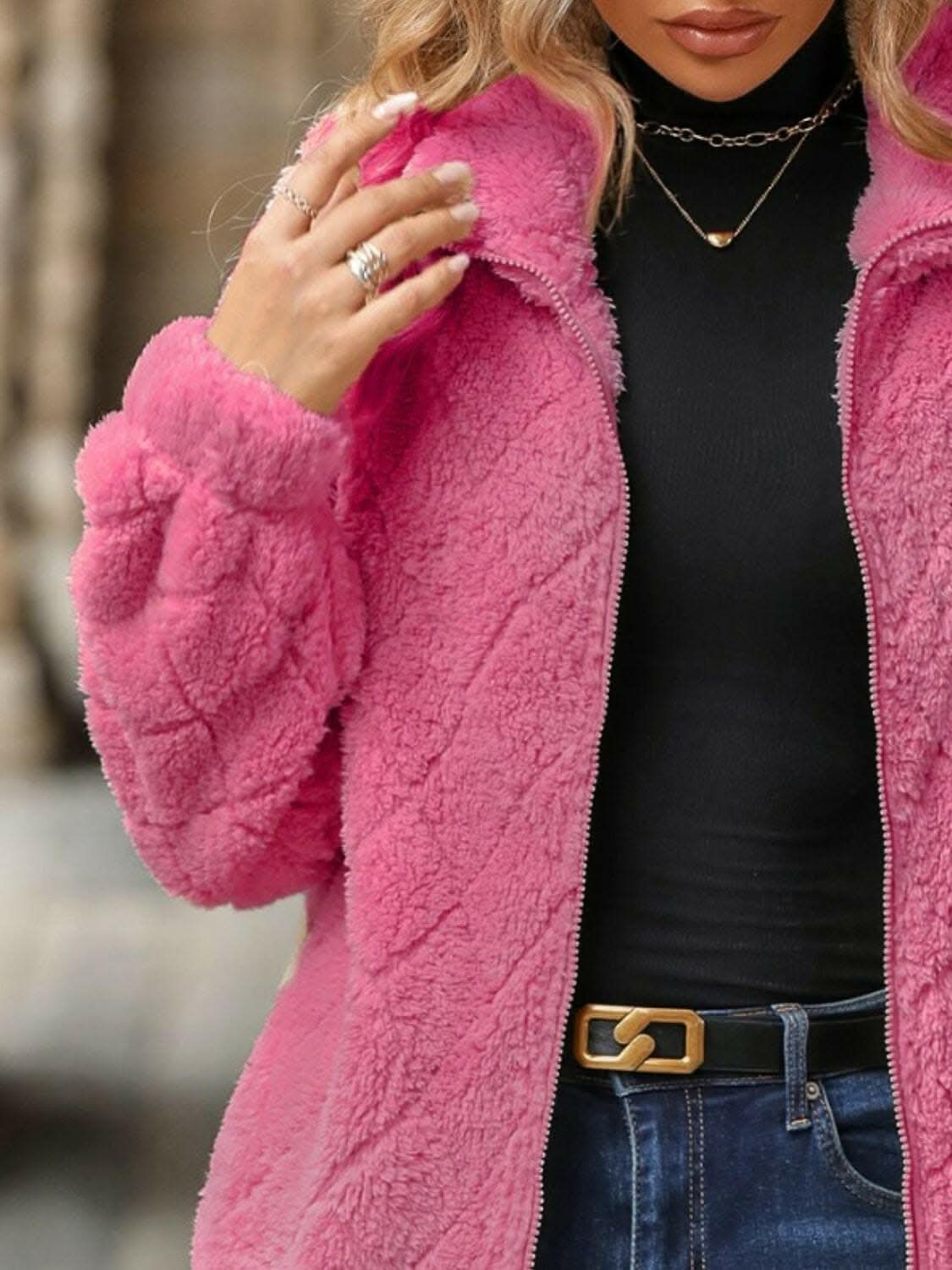 Fuzzy zip-up jacket with pockets - Love Salve